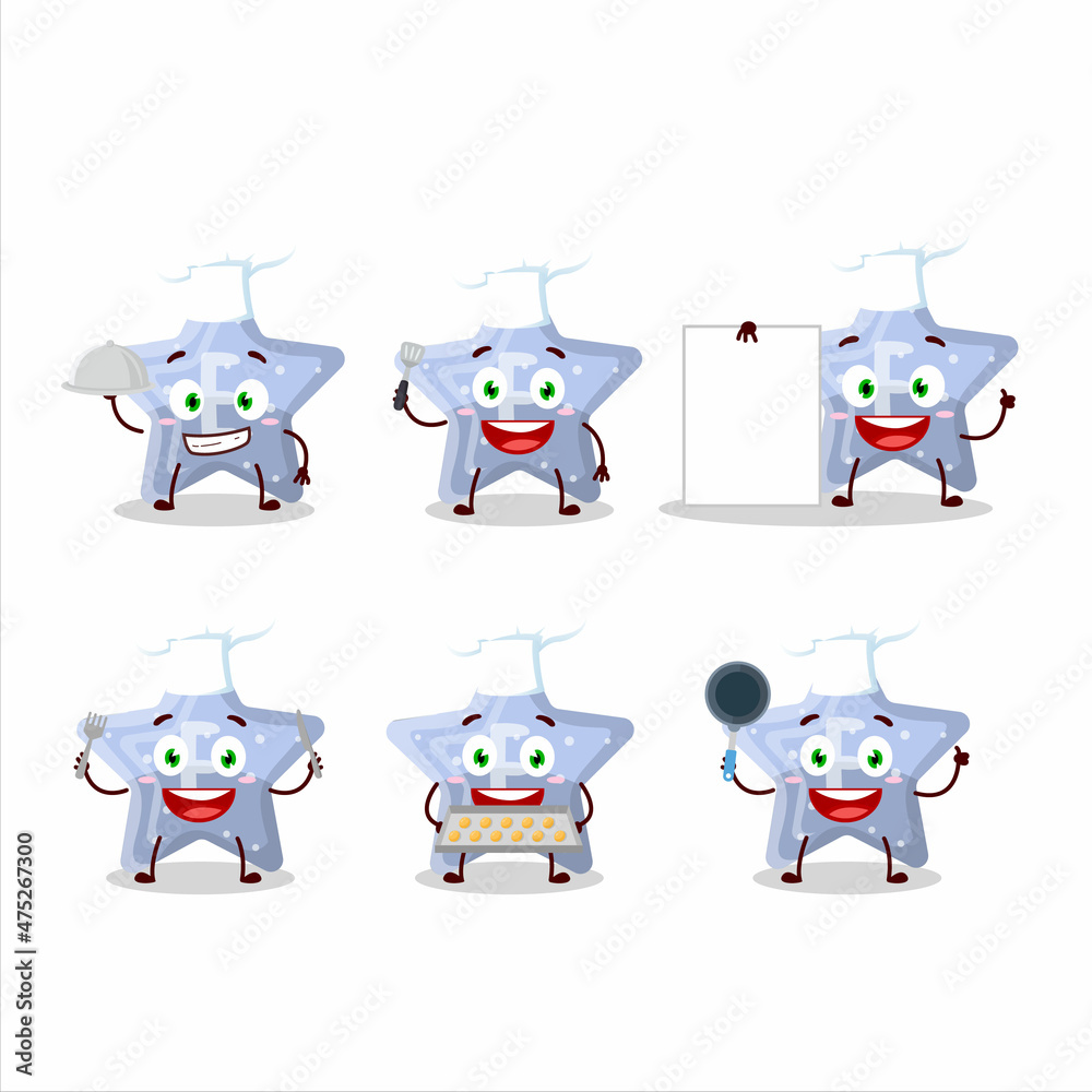 Cartoon character of star blue gummy candy E with various chef emoticons Cartoon character of star blue gummy candy E with various chef emoticons