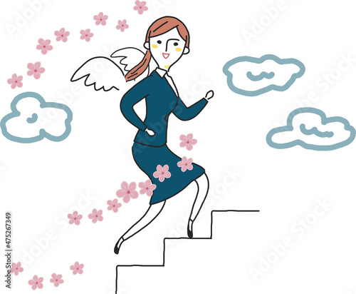 未来へのステップを駆け上がる羽の生えたリクルートスーツの女性　イラスト素材
