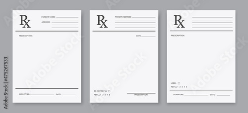 Rx form, pharmacy and hospital vector paper blank sheet, medical prescription. Clinic documents mockup for medications and drugs. Realistic doctor recipe empty page template, healthcare letter mockup