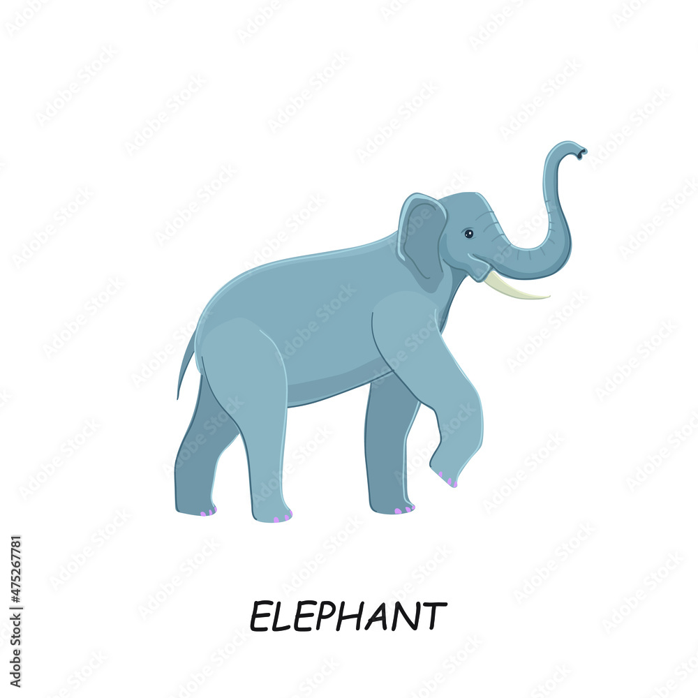 Elephant with a raised trunk. Wild animal. Vector illustration isolated on white background.