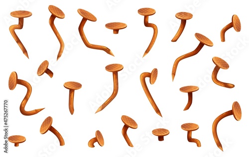 Rusty bent nails and heads, isolated vintage iron metal vector nails. Cartoon crooked nails and hobnails with rust, bent by hammer, old pins or spikes with broken and curved edges