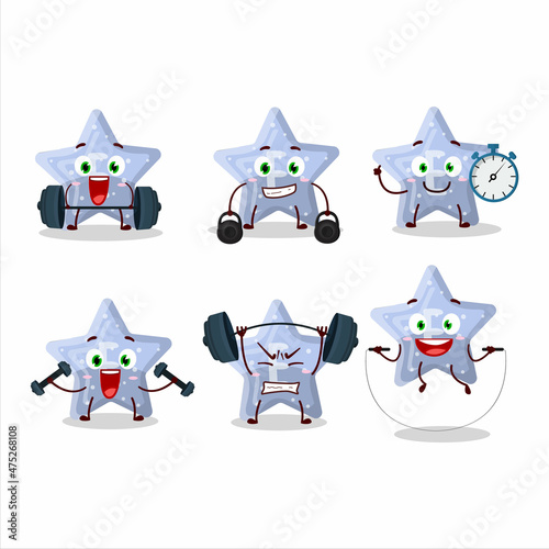 A healthy star blue gummy candy E cartoon style trying some tools on Fitness center