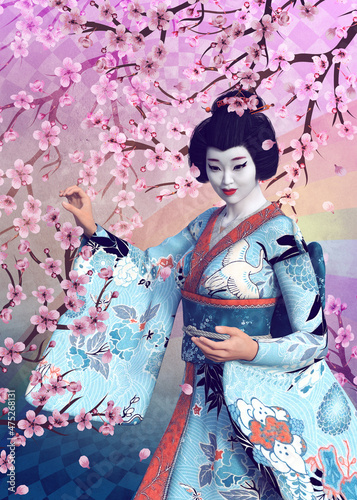 3D Geisha in blue kimono and sakura branches