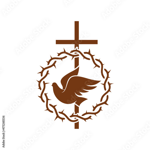 Christianity religion vector icon with dove and cross inside of crown of thorns. Christian catholic crucifix, pigeon and wreath with pikes, religious emblem isolated on white background