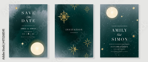 Star and moon themed wedding invitation vector template collection. Gold and luxury save the dated card with watercolor and gold sparkles and brush texture. Starry night cover design background.