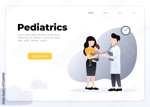 Pediatric clinic. Clinical pediatric checkup, mother holding sick toddler and doctor with stethoscope listening his lungs. healthcare vector landing page