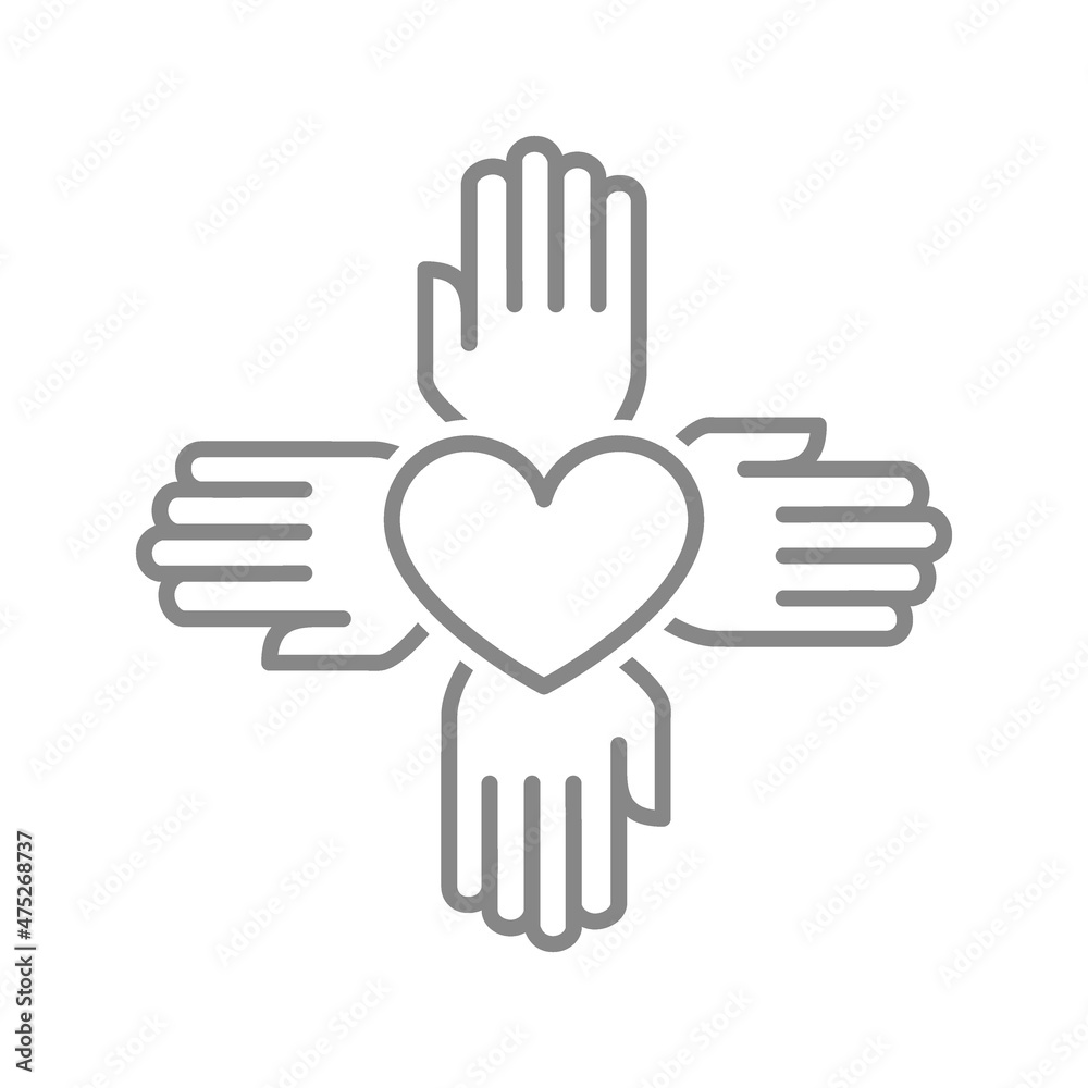 Four hands circle with heart line icon. Charity organization, teamwork, friendship symbol Four hands circle with heart line icon. Charity organization, teamwork, friendship symbol