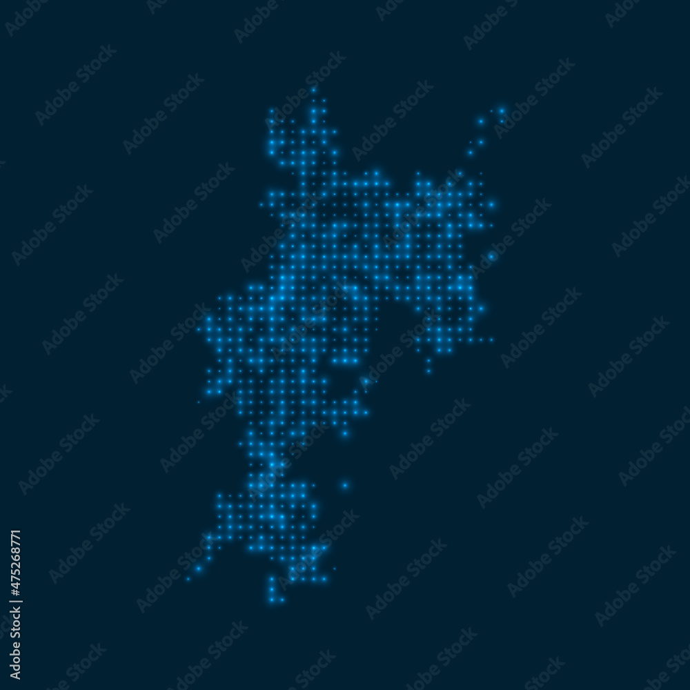 Komodo dotted glowing map. Shape of the island with blue bright bulbs. Vector illustration.