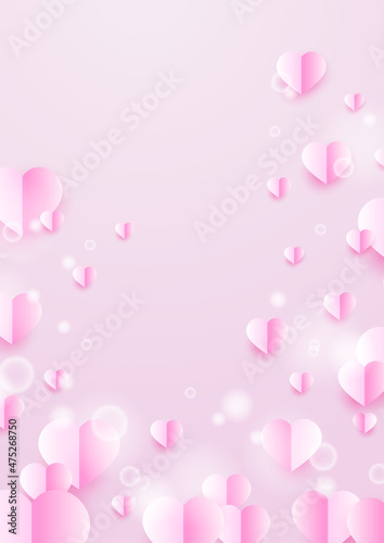 Valentine s day concept poster background. Vector illustration. 3d red and pink paper hearts with frame on geometric background. Cute love sale banners or greeting cards