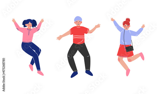 Smiling Teen Boy and Girl Jumping with Joy Raising Hands Up Having Fun Vector Set