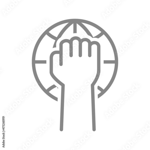 Fist and planet line icon. Hand up, protest symbol