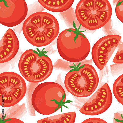 Seamless fresh tomato slices pattern design. Flat vector cartoon design 