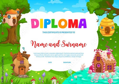 Kids diploma. Acorn and nest, honeycomb and caramel cartoon fairy houses. Vector award certificate with fantasy dwellings of forest gnome or elves. School or kindergarten winner trophy or gift frame