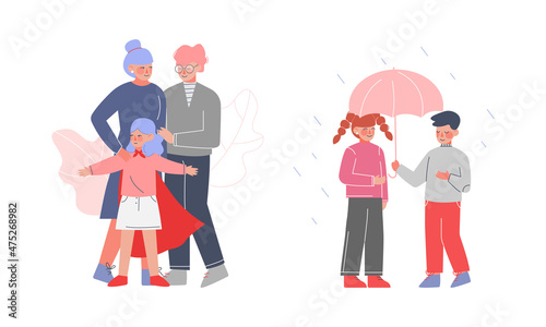 Polite and Kind Kids Sharing Umbrella in Rainy Day and Protecting Family Vector Set