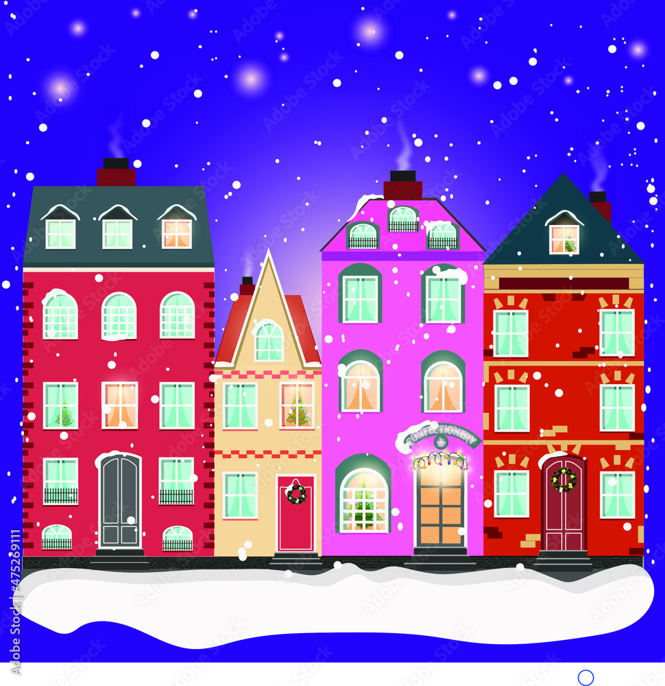 Cozy town street under fairy snowfall. Christmas  background. Vector illustration.
