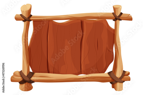 Frame, border from wood branch, sticks and leather rope in comic cartoon style isolated on white background. Tribal, rural clip art. Ui game asset.
