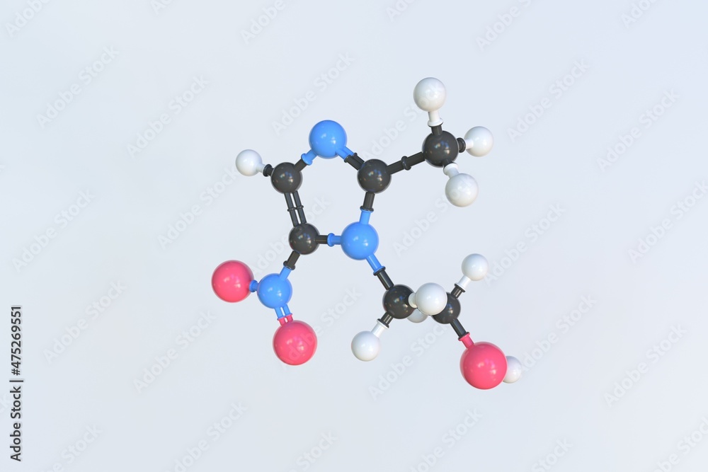 Metronidazole molecule. Isolated molecular model. 3D rendering Metronidazole molecule. Isolated molecular model. 3D rendering