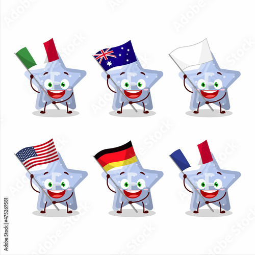 Star blue gummy candy E cartoon character bring the flags of various countries