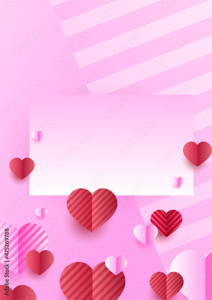 Valentine's day concept poster background. Vector illustration. 3d red and pink paper hearts with frame on geometric background. Cute love sale banners or greeting cards
