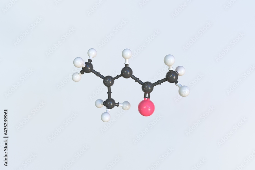 Mesityl oxide molecule, isolated molecular model. 3D rendering Mesityl oxide molecule, isolated molecular model. 3D rendering