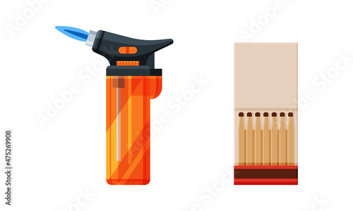 Lighter and Box of Matches as Portable Device Generating Flame Used for Ignition Cigarette or Gas Stove Vector Set