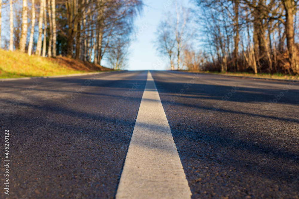 Asphalt road with white lane runs through the forest in autumn evening. Asphalt road with white lane runs through the forest in autumn evening.