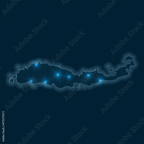 Flores network map. Abstract geometric map of the island. Digital connections and telecommunication design. Glowing internet network. Powerful vector illustration.