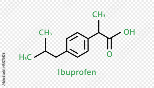 Ibuprofen chemical formula. Ibuprofen structural chemical formula isolated on transparent background.