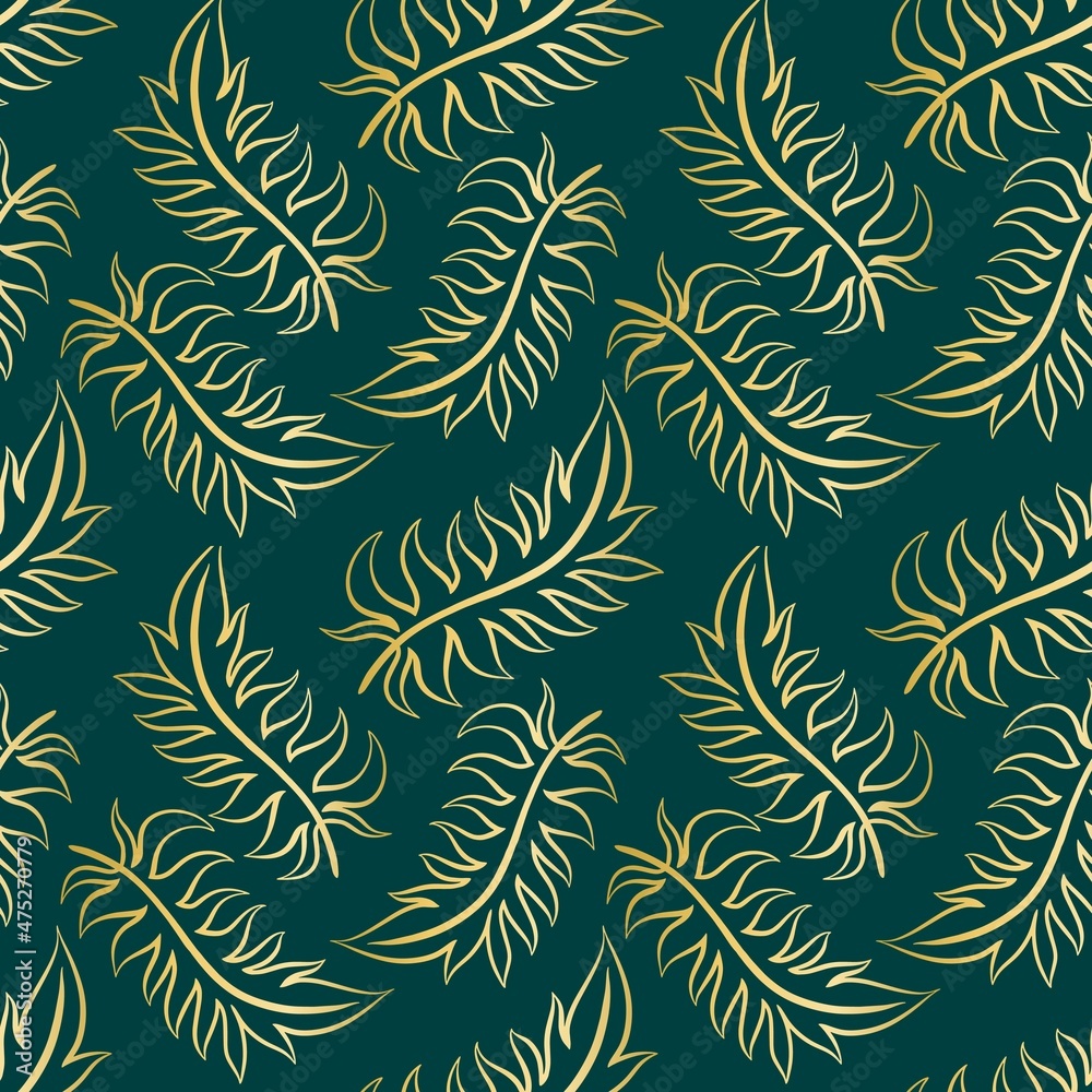 Gold feathers on emerald background. Vintage seamless pattern with gold feathers. Template for wallpaper, fabric and design