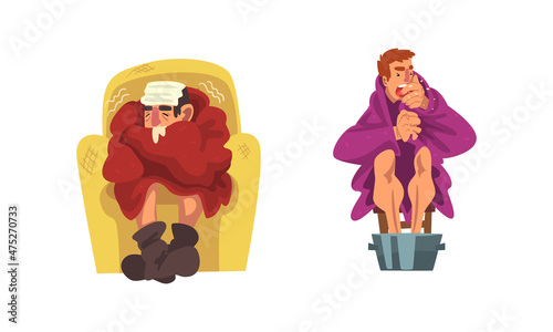 Sick Man Sitting on Chair Wrapped in Blanket Wearing Knitted Socks and Warming Legs in Basin with Hot Water Vector Set