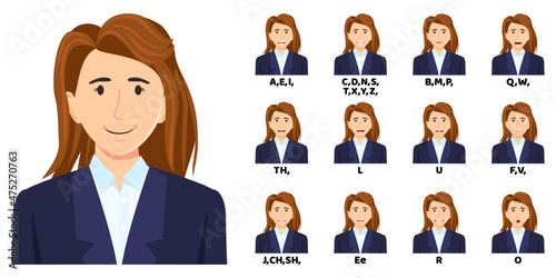 Businesswoman cartoon character talking mouth and lips expressions vector animations poses mouth talk animation movement practice English say disassembled separated letter