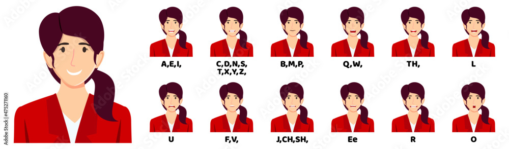 Modern businesswoman cartoon character talking mouth and lips expressions vector animations poses mouth talk animation movement practice English say disassembled separated letter Modern businesswoman cartoon character talking mouth and lips expressions vector animations poses mouth talk animation movement practice English say disassembled separated letter