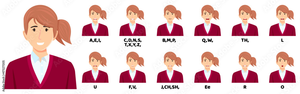 Modern businesswoman cartoon character talking mouth and lips expressions vector animations poses mouth talk animation movement practice English say disassembled separated letter isolated