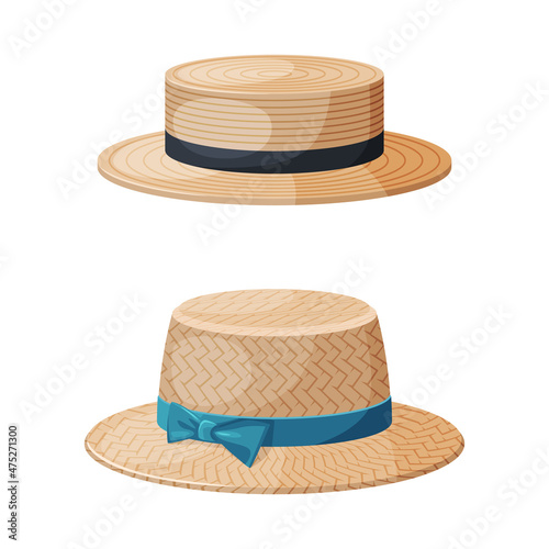 Straw Hat as Brimmed Woven Headdress Vector Set