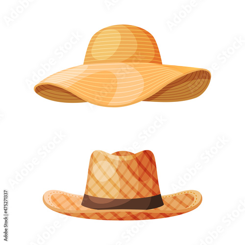 Straw Hat as Brimmed Woven Headdress Vector Set