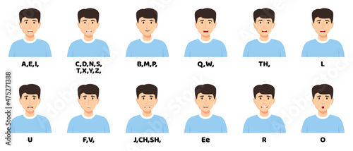 Cute businessman cartoon character talking mouth and lips expressions vector animations poses mouth talk animation movement practice English say disassembled separated letter isolated on white