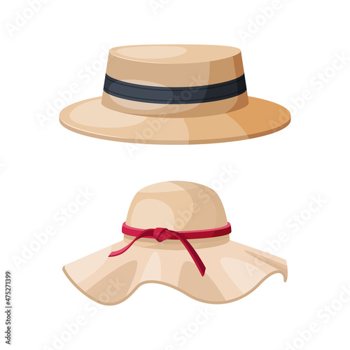 Straw Hat as Brimmed Woven Headdress Vector Set