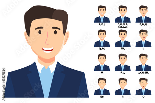 Beautiful cute businessman cartoon character talking mouth and lips expressions vector animations poses mouth talk animation movement practice English say disassembled separated letter isolated