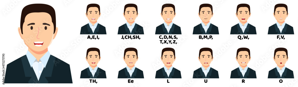 Modern cute beautiful businessman cartoon character talking mouth and lips expressions vector animations poses mouth talk animation movement practice English say disassembled separated letter