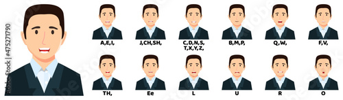 Modern cute beautiful businessman cartoon character talking mouth and lips expressions vector animations poses mouth talk animation movement practice English say disassembled separated letter
