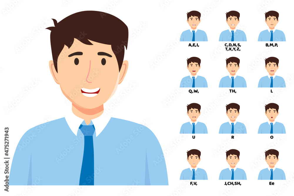 Modern businessman cartoon character talking mouth and lips expressions vector animations poses mouth talk animation movement practice English say disassembled separated letter isolated