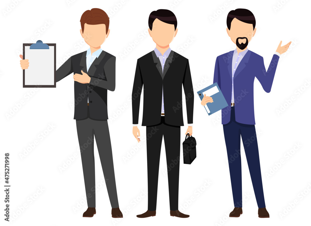 Modern businessman face less characters set team standing together and posing isolated on white background holding bag file folder clipboard