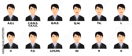 Modern businessman cartoon character talking mouth and lips expressions vector animations poses mouth talk animation movement practice English say disassembled separated letter