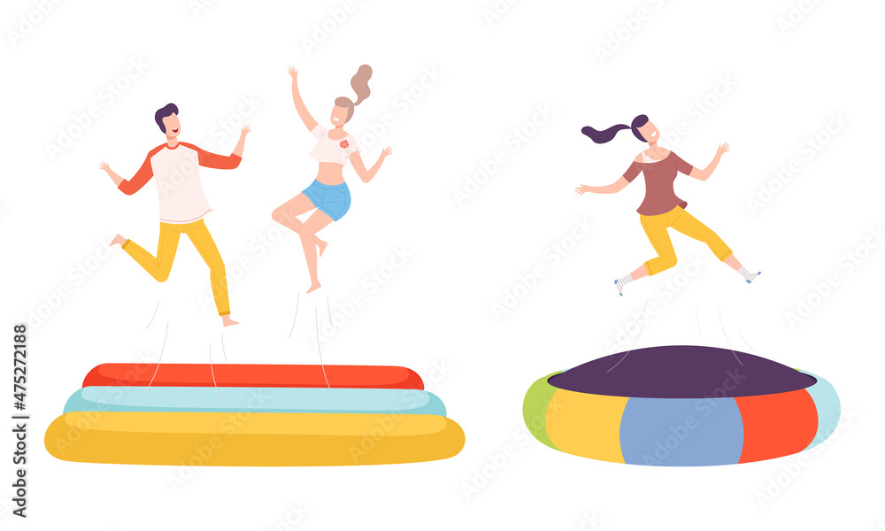 Fototapeta premium Cheerful People Character Jumping and Bouncing on Trampoline Having Fun Vector Set