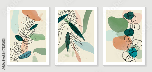 Botanical wall art vector set. Water color boho foliage line art drawing with abstract shape. Abstract Plant Art design for print, cover, wallpaper, Minimal and natural wall art.