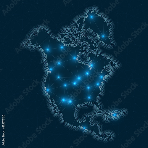 North America network map. Abstract geometric map of the continent. Digital connections and telecommunication design. Glowing internet network. Astonishing vector illustration.