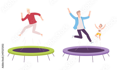 Cheerful People Character Jumping and Bouncing on Trampoline Having Fun Vector Set