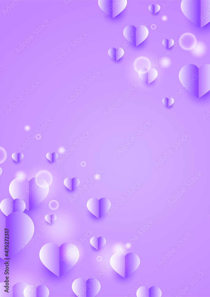Valentine's day universal soft pastel purple love heart poster background. Happy Valentine day glow purple Papercut style Love card design background