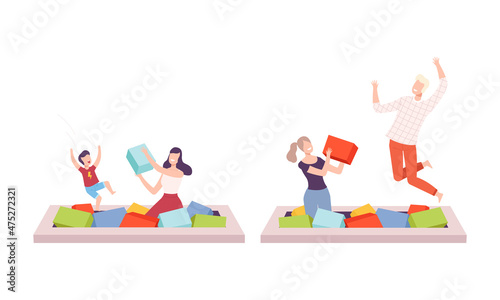 Cheerful People Character Jumping and Playing in Pool with Colorful Cubes Having Fun Vector Set
