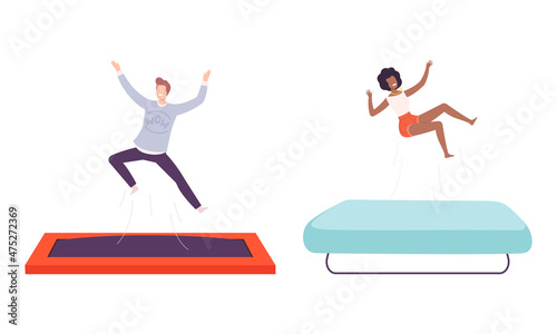 Cheerful People Character Jumping and Bouncing on Trampoline Having Fun Vector Set